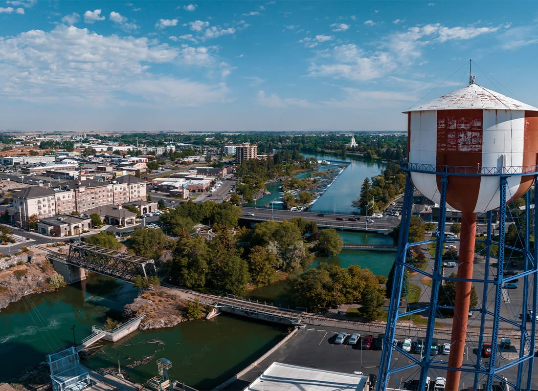 Eagle, ID - Aerial Panoramic View of the Waterfall in City of Idaho Falls, Id, USA