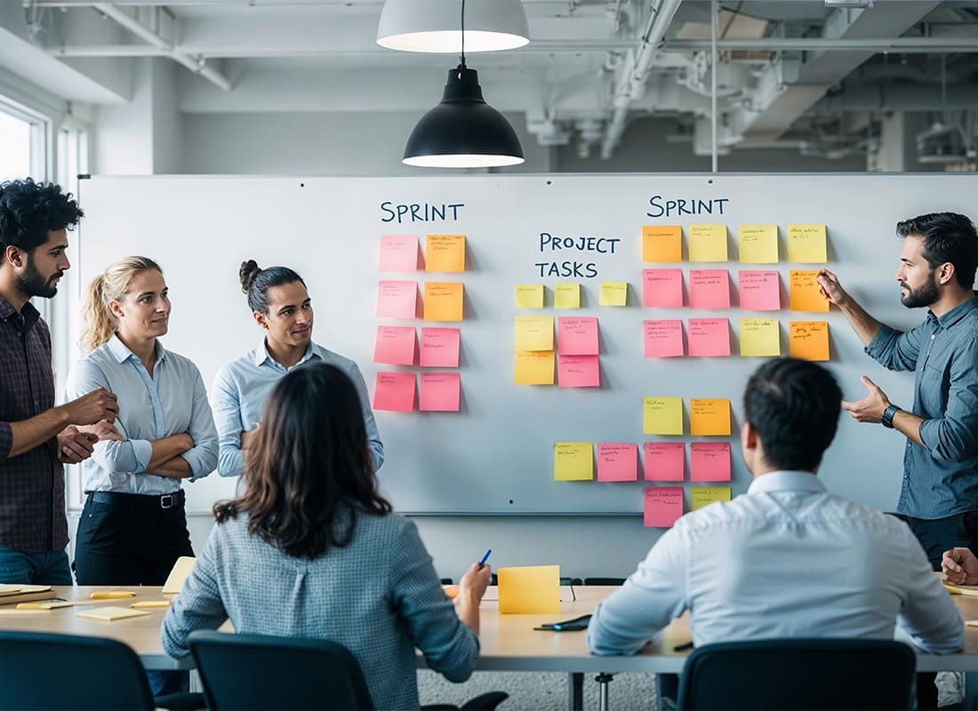 Insurance Solutions - a Group of Five Professionals Engaged in a Discussion Around a Whiteboard Covered With Colorful Sticky Notes