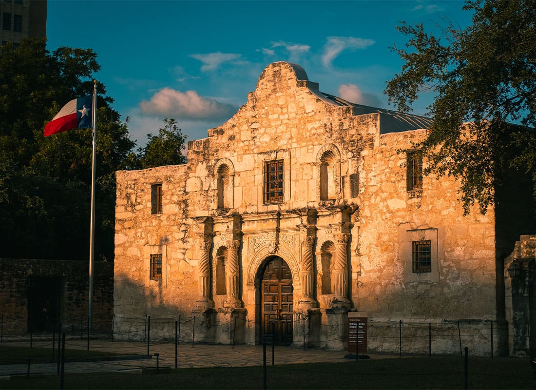 Service Center - the Alamo in San Antonio Texas During Golden Sunset. Historic Texas Mission and Battle Site in the Texas
